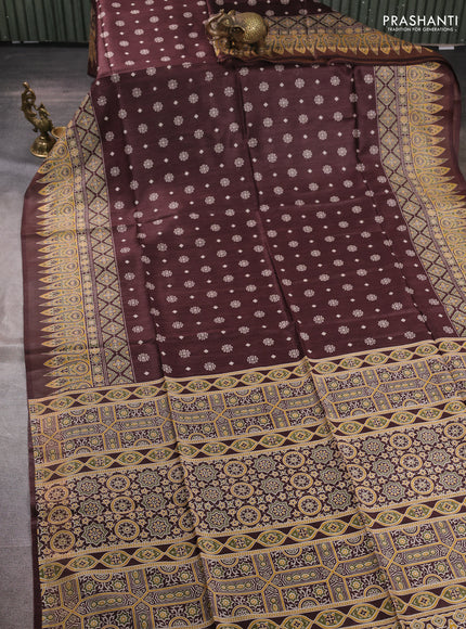 Munga tussar silk saree coffee brown with allover gematric prints and ajrakh printed pallu
