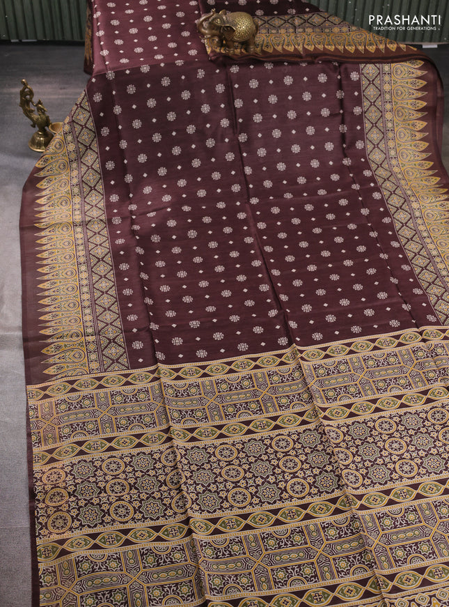 Munga tussar silk saree coffee brown with allover gematric prints and ajrakh printed pallu