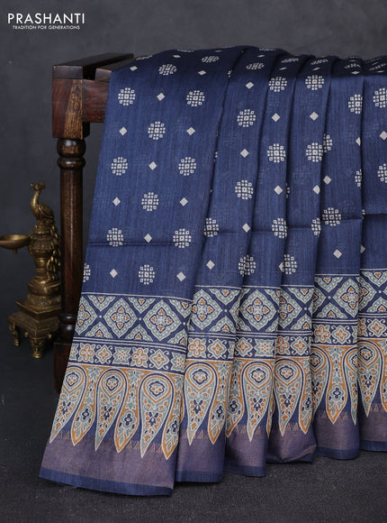 Munga tussar silk saree peacock blue with allover gematric prints and ajrakh printed pallu