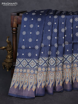 Munga tussar silk saree peacock blue with allover gematric prints and ajrakh printed pallu