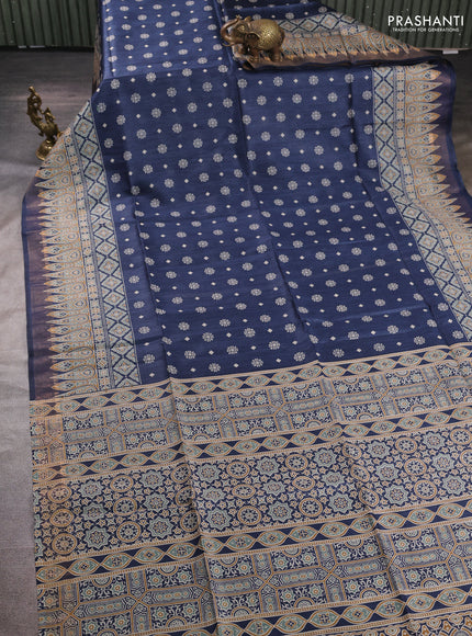 Munga tussar silk saree peacock blue with allover gematric prints and ajrakh printed pallu