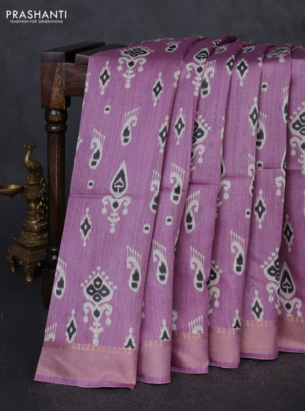 Munga tussar silk saree purple with allover ikat prints and zari woven border