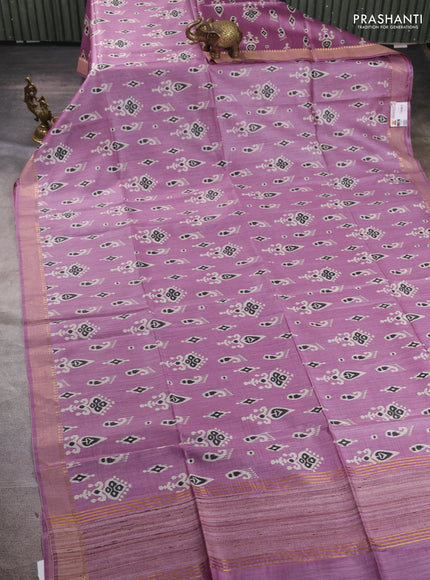 Munga tussar silk saree purple with allover ikat prints and zari woven border
