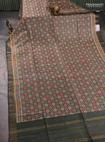 Munga tussar silk saree green with allover ajrakh prints and zari woven border