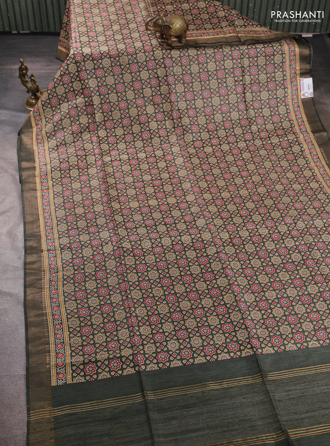 Munga tussar silk saree green with allover ajrakh prints and zari woven border