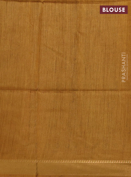Munga tussar silk saree dark mustard with allover ajrakh prints and zari woven border