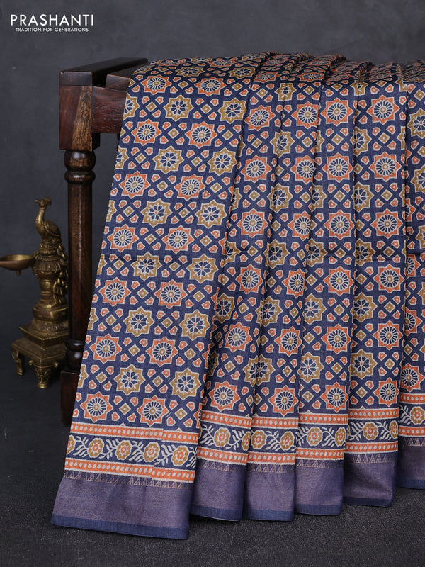 Munga tussar silk saree blue with allover ajrakh prints and zari woven border