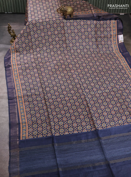 Munga tussar silk saree blue with allover ajrakh prints and zari woven border