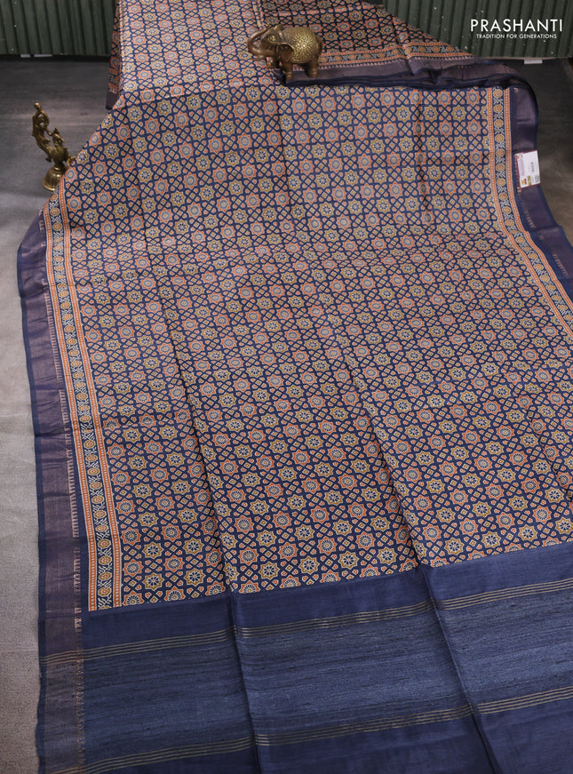 Munga tussar silk saree blue with allover ajrakh prints and zari woven border