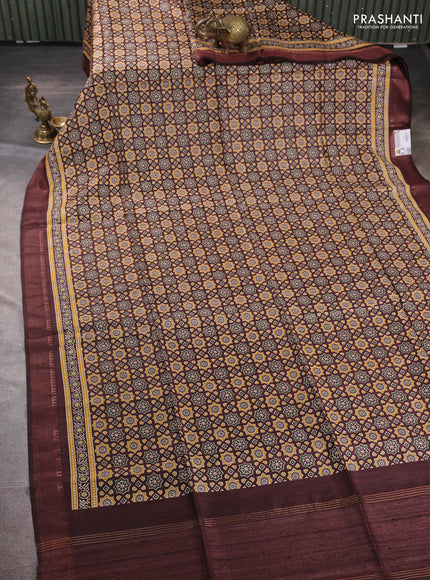 Munga tussar silk saree coffee brown with allover ajrakh prints and zari woven border