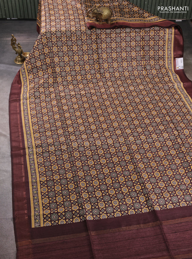 Munga tussar silk saree coffee brown with allover ajrakh prints and zari woven border
