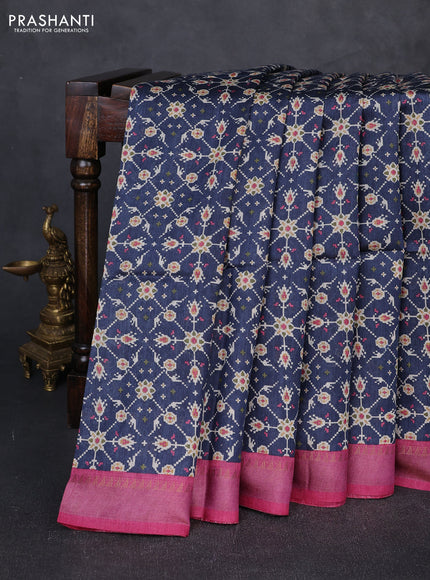 Munga tussar silk saree navy blue and wine shade with allover ikat prints and zari woven border