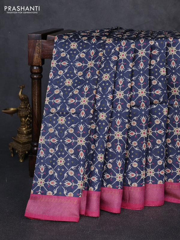 Munga tussar silk saree navy blue and wine shade with allover ikat prints and zari woven border