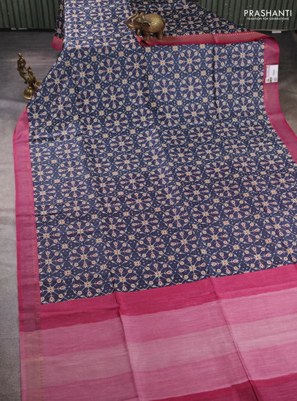 Munga tussar silk saree navy blue and wine shade with allover ikat prints and zari woven border