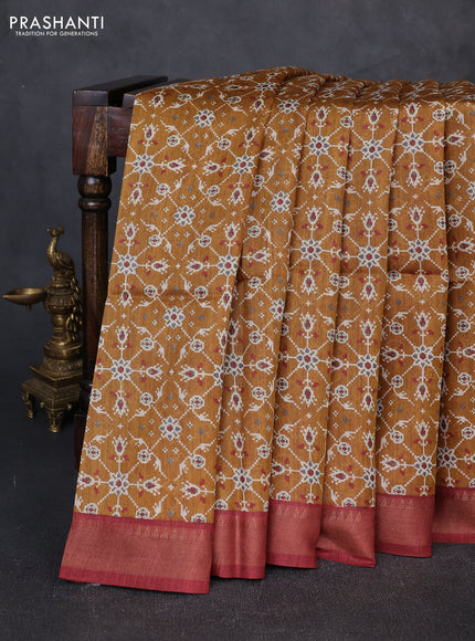 Munga tussar silk saree dark mustard and maroon with allover ikat prints and zari woven border