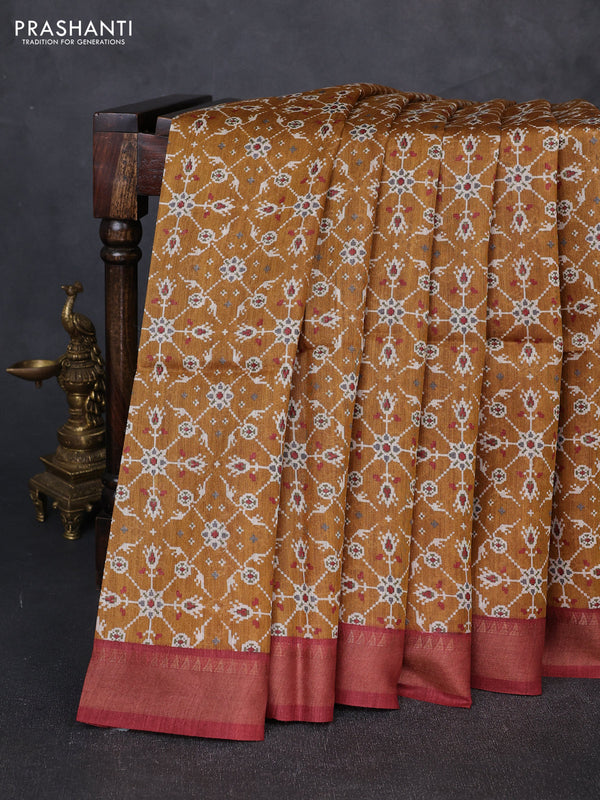 Munga tussar silk saree dark mustard and maroon with allover ikat prints and zari woven border