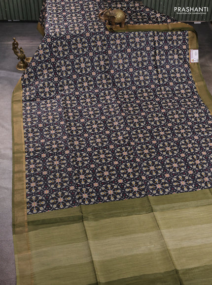 Munga tussar silk saree black and mehendi green with allover ikat prints and zari woven border