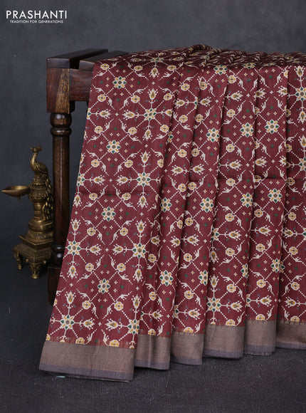 Munga tussar silk saree coffee brown and grey with allover ikat prints and zari woven border