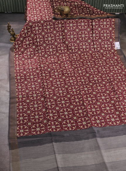 Munga tussar silk saree coffee brown and grey with allover ikat prints and zari woven border