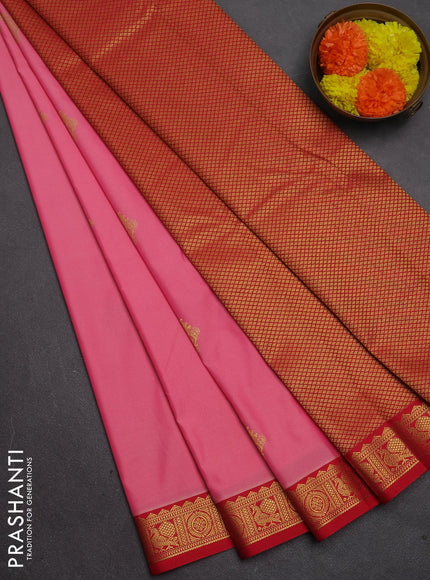 Semi kanchipuram silk saree peach pink and red with zari woven buttas and small zari woven border