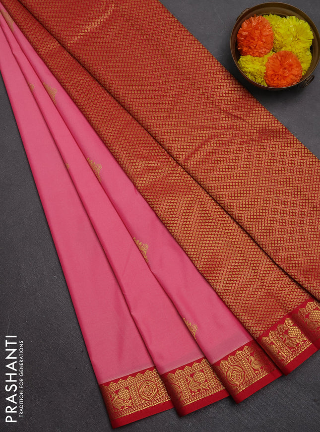 Semi kanchipuram silk saree peach pink and red with zari woven buttas and small zari woven border