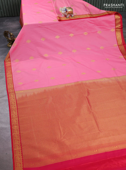 Semi kanchipuram silk saree peach pink and red with zari woven buttas and small zari woven border
