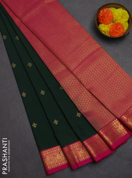 Semi kanchipuram silk saree bottle green and pink with zari woven buttas and zari woven border