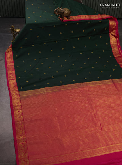 Semi kanchipuram silk saree bottle green and pink with zari woven buttas and zari woven border