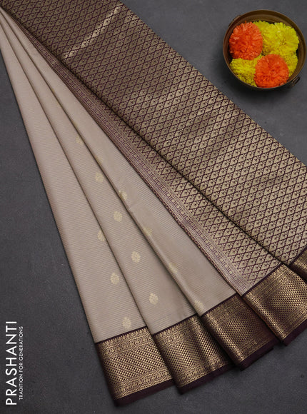 Semi kanchipuram silk saree beige and deep purple with allover zari weaves & buttas and zari woven border