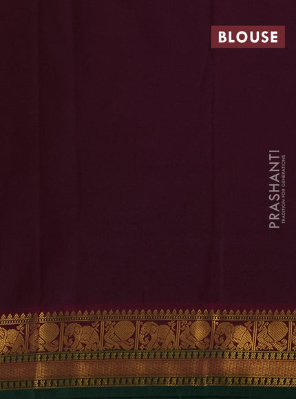 Semi kanchipuram silk saree mustard green and purple with zari woven buttas and temple design zari woven border