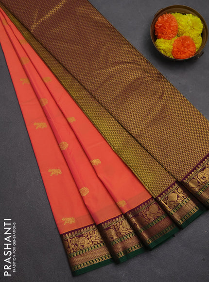 Semi kanchipuram silk saree dual shade of pinkish orange and purple with zari woven buttas and temple design zari woven border