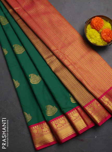 Semi kanchipuram silk saree green and pink with paisley zari woven buttas and zari woven korvai border