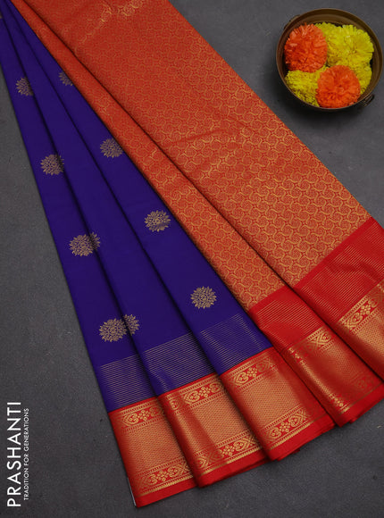 Semi kanchipuram silk saree blue and red with zari woven buttas and zari woven korvai border