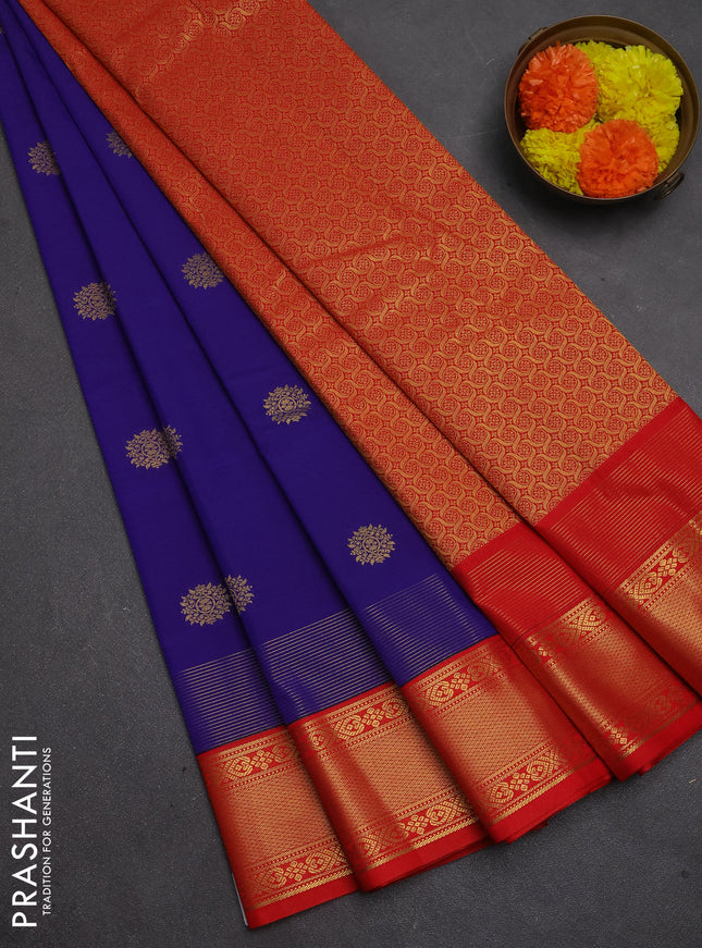 Semi kanchipuram silk saree blue and red with zari woven buttas and zari woven korvai border