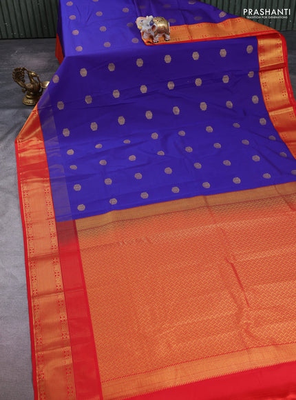 Semi kanchipuram silk saree blue and red with zari woven buttas and zari woven korvai border
