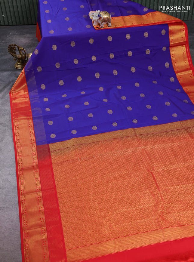 Semi kanchipuram silk saree blue and red with zari woven buttas and zari woven korvai border