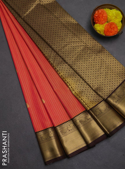 Semi kanchipuram silk saree dual shade of pinkish orange and coffee brown with allover small zari checks & buttas and zari woven korvai border
