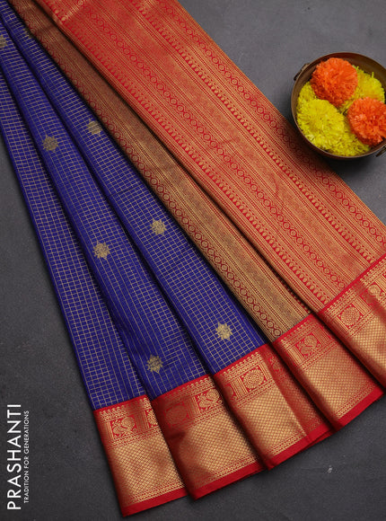 Semi kanchipuram silk saree blue and red with allover small zari checks & buttas and zari woven korvai border