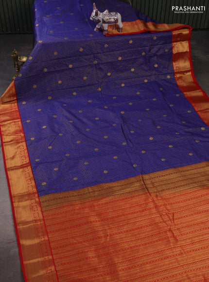 Semi kanchipuram silk saree blue and red with allover small zari checks & buttas and zari woven korvai border