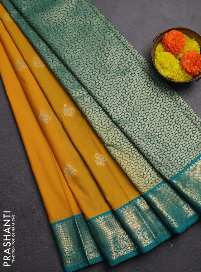 Semi kanchipuram silk saree mustard yellow and teal green with zari woven buttas and zari woven korvai border