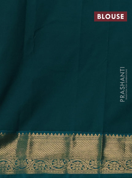 Semi kanchipuram silk saree mustard yellow and teal green with zari woven buttas and zari woven korvai border
