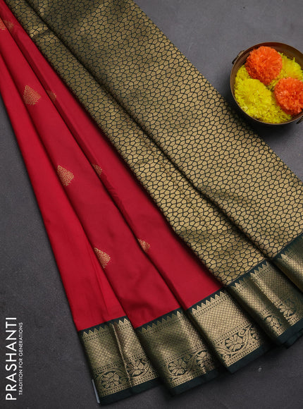 Semi kanchipuram silk saree red and bottle green with zari woven buttas and zari woven korvai border