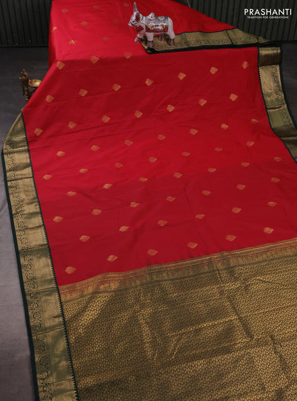 Semi kanchipuram silk saree red and bottle green with zari woven buttas and zari woven korvai border