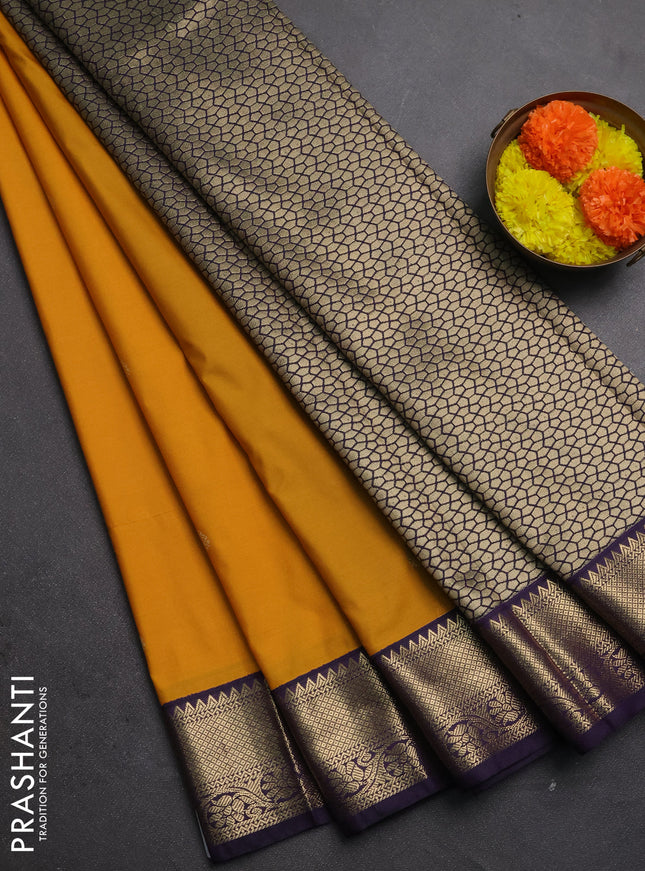 Semi kanchipuram silk saree mustard yellow and purple with zari woven buttas and zari woven korvai border