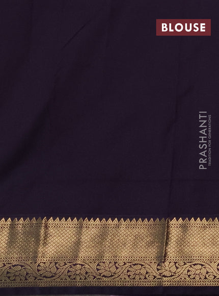 Semi kanchipuram silk saree mustard yellow and purple with zari woven buttas and zari woven korvai border