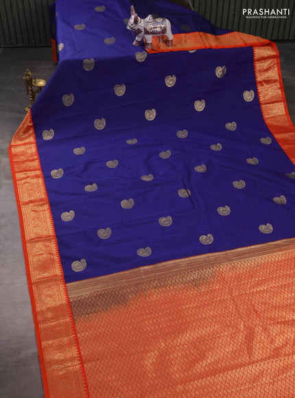 Semi kanchipuram silk saree navy blue and orange with paisley zari woven buttas and zari woven korvai border
