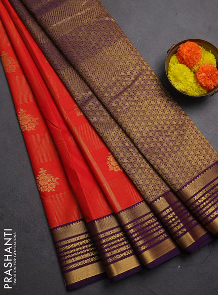 Semi kanchipuram silk saree orange and wine shade with allover zari checks & buttas and zari woven korvai border