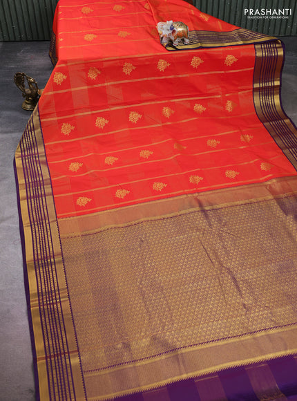 Semi kanchipuram silk saree orange and wine shade with allover zari checks & buttas and zari woven korvai border
