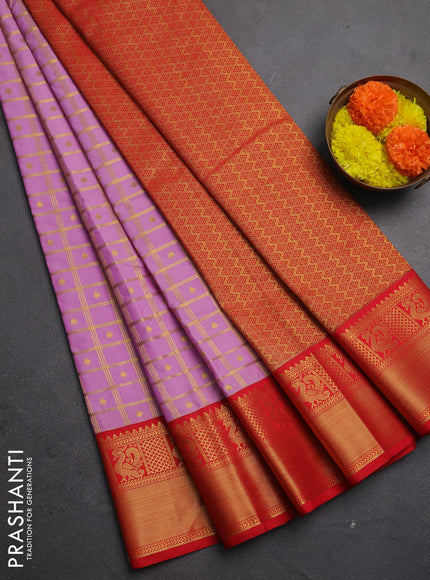 Semi kanchipuram silk saree lotus pink and red with allover zari checks & buttas and zari woven korvai border
