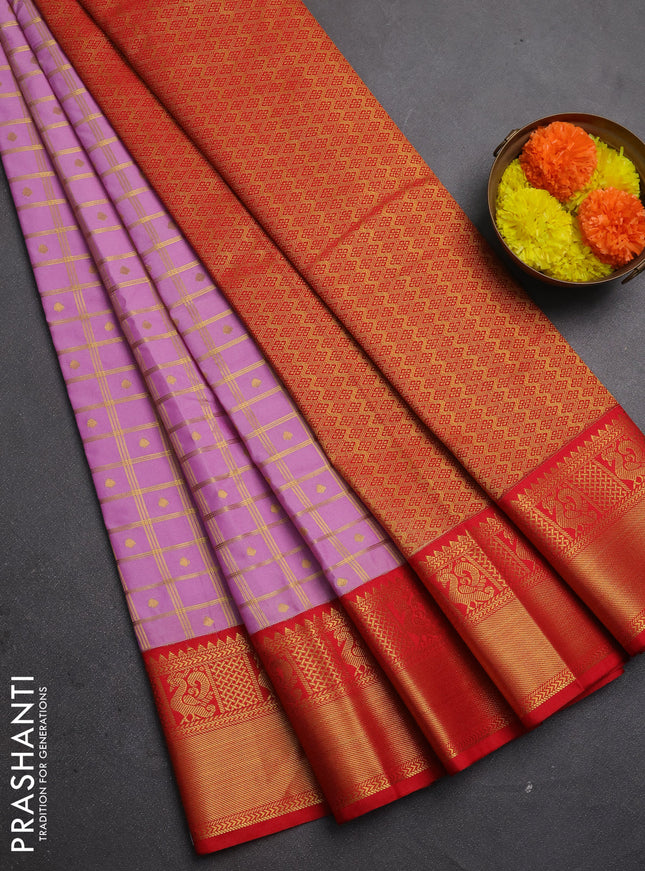 Semi kanchipuram silk saree lotus pink and red with allover zari checks & buttas and zari woven korvai border
